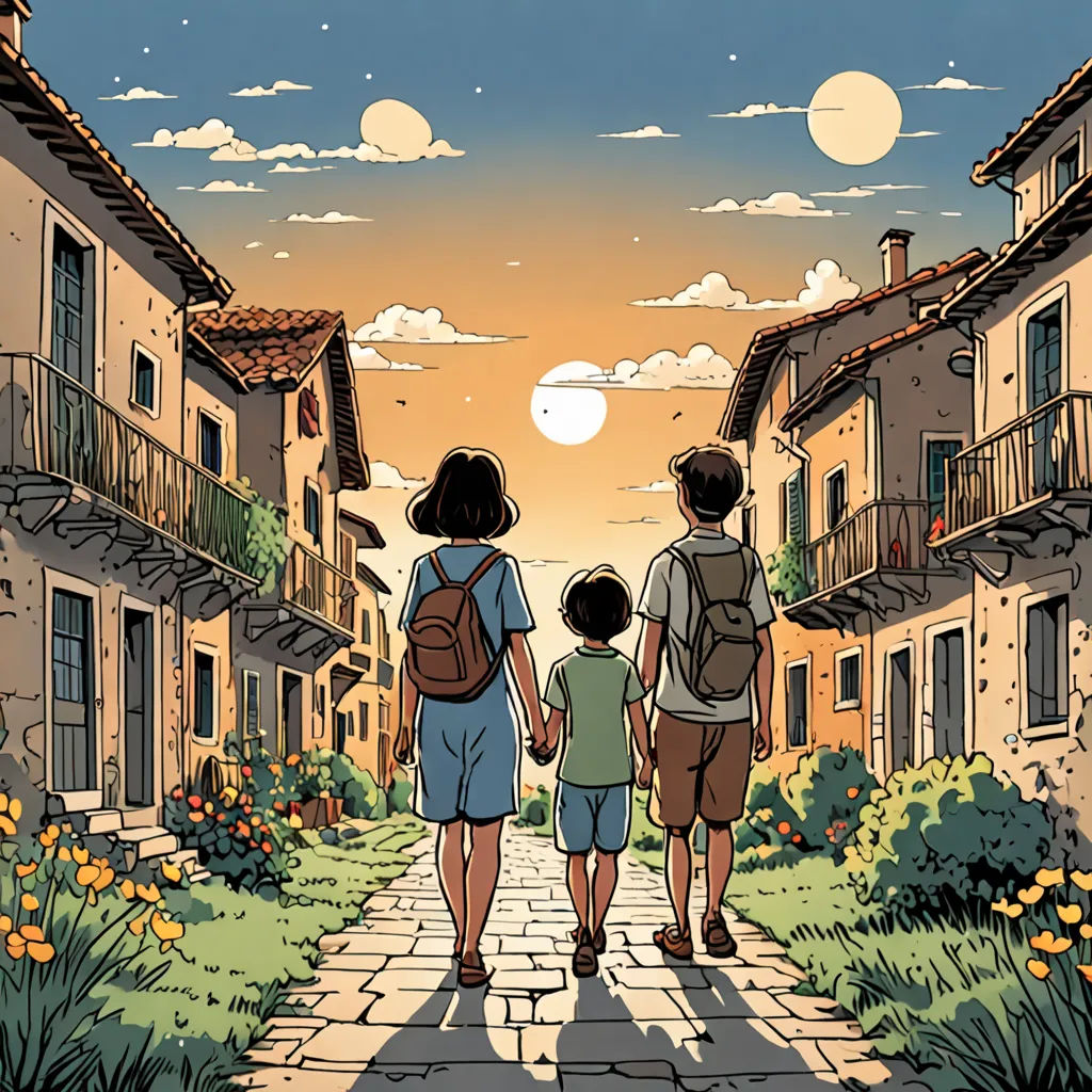 a family walking down a street at sunset with a backpack on their back and a backpack on their shoulder, magical realism, a comic book panel, Asaf Hanuka, graphic novel