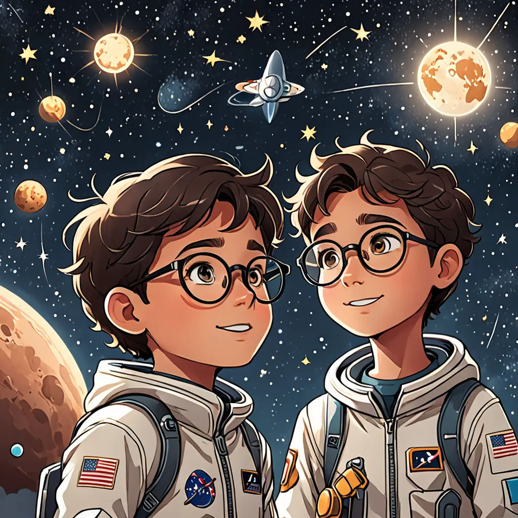 two young men in space suits standing next to each other in front of a planet with stars and planets, space art, a storybook illustration, Felix-Kelly, space