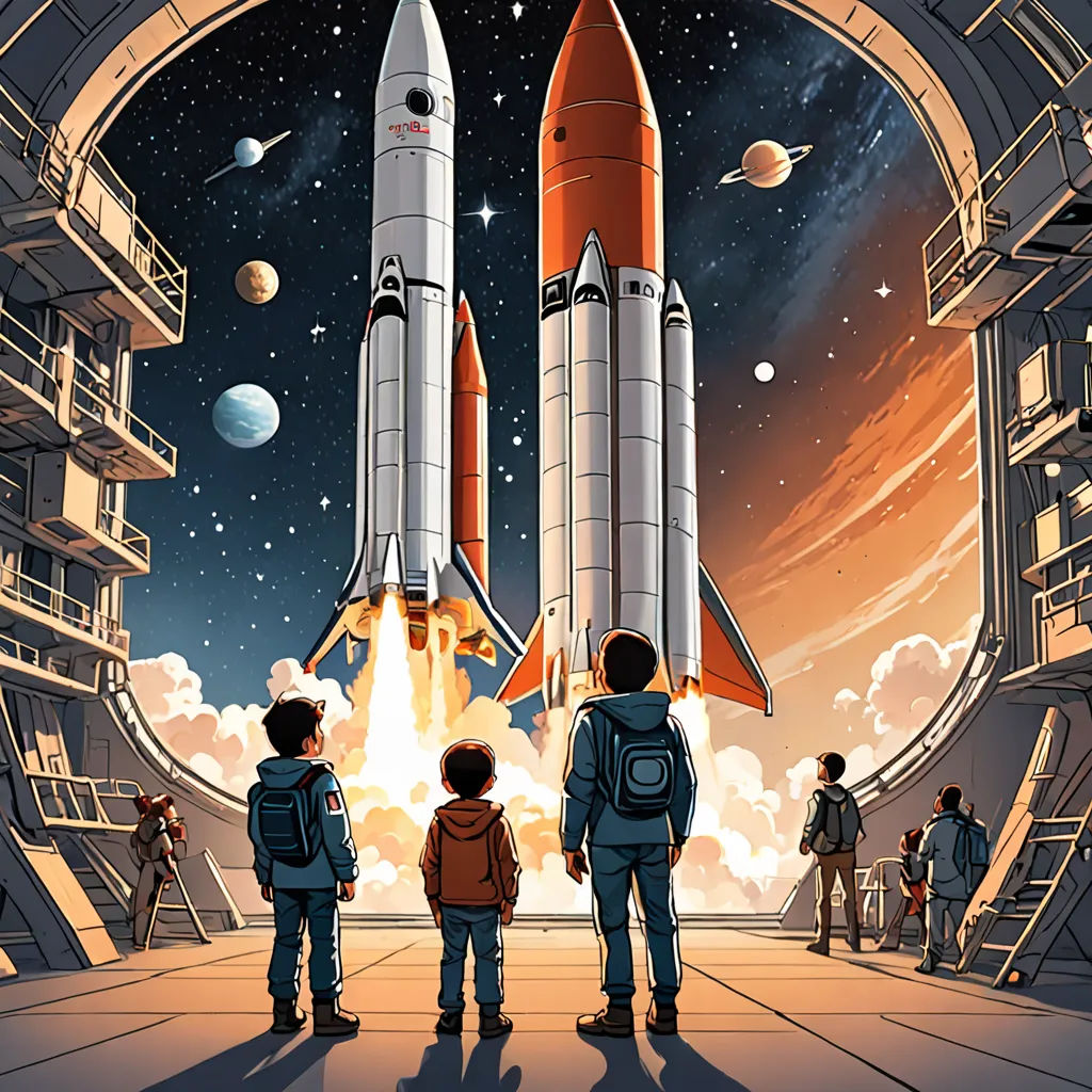 a group of people standing in front of a space shuttle with a rocket on it's back and a space shuttle on the back, space art, a storybook illustration, Asaf Hanuka, promotional image