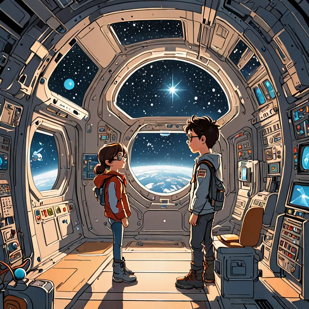 two children looking out of a space station window at the earth below them, with a view of the stars and the moon, space art, a storybook illustration, Diego Gisbert Llorens, yukito kishiro