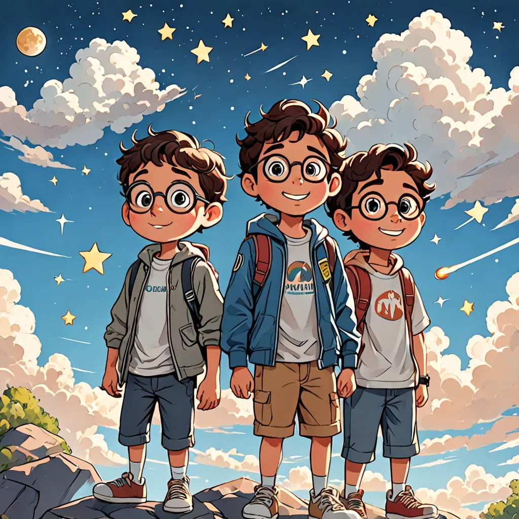 three boys standing on a rock with stars and clouds in the background and a full moon in the sky, space art, a comic book panel, Everett Warner, comic cover art