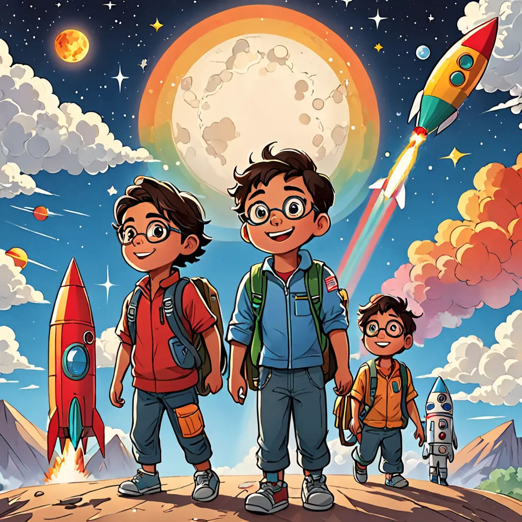 a couple of kids standing next to each other on a hill with a rocket in the sky above them, space art, an album cover, Asaf Hanuka, comic cover art
