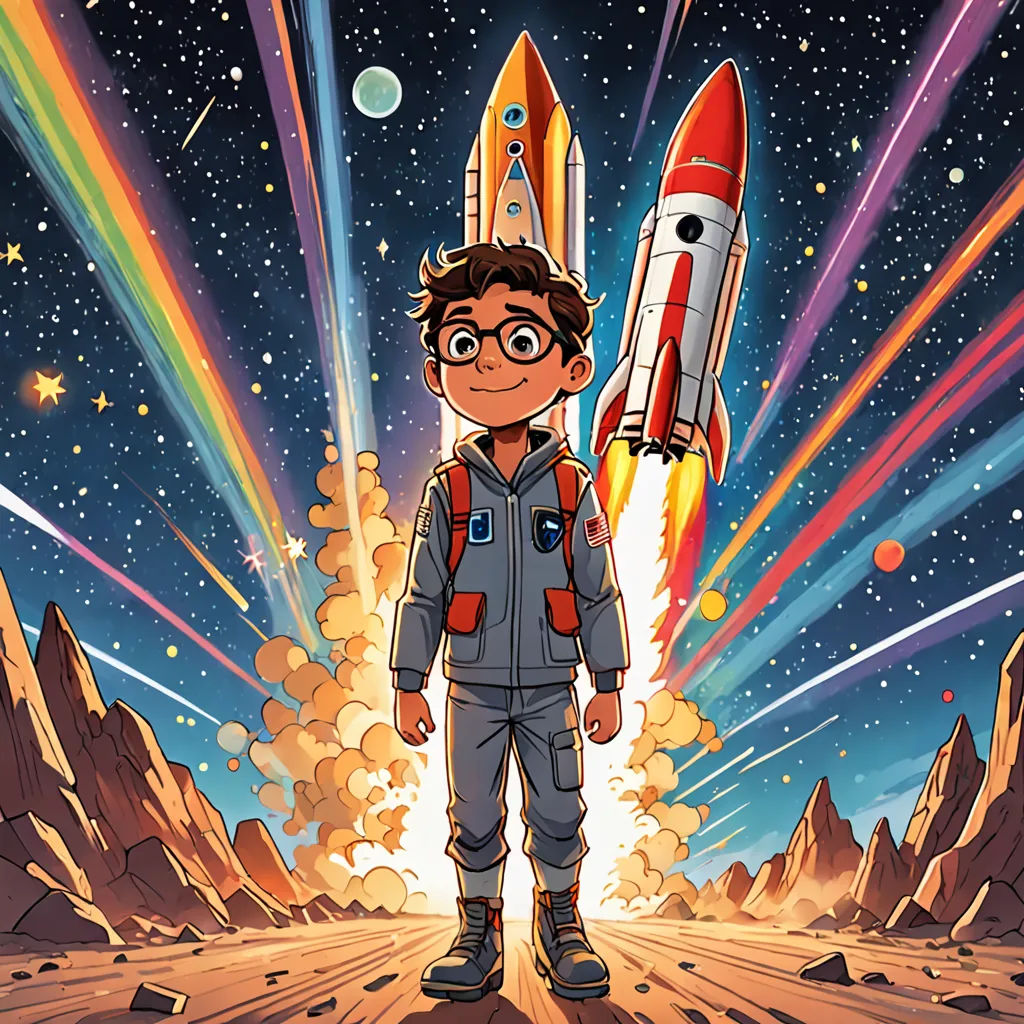 a boy in a space suit standing in front of a rocket ship with a rocket on it's back, space art, poster art, Asaf Hanuka, promotional image