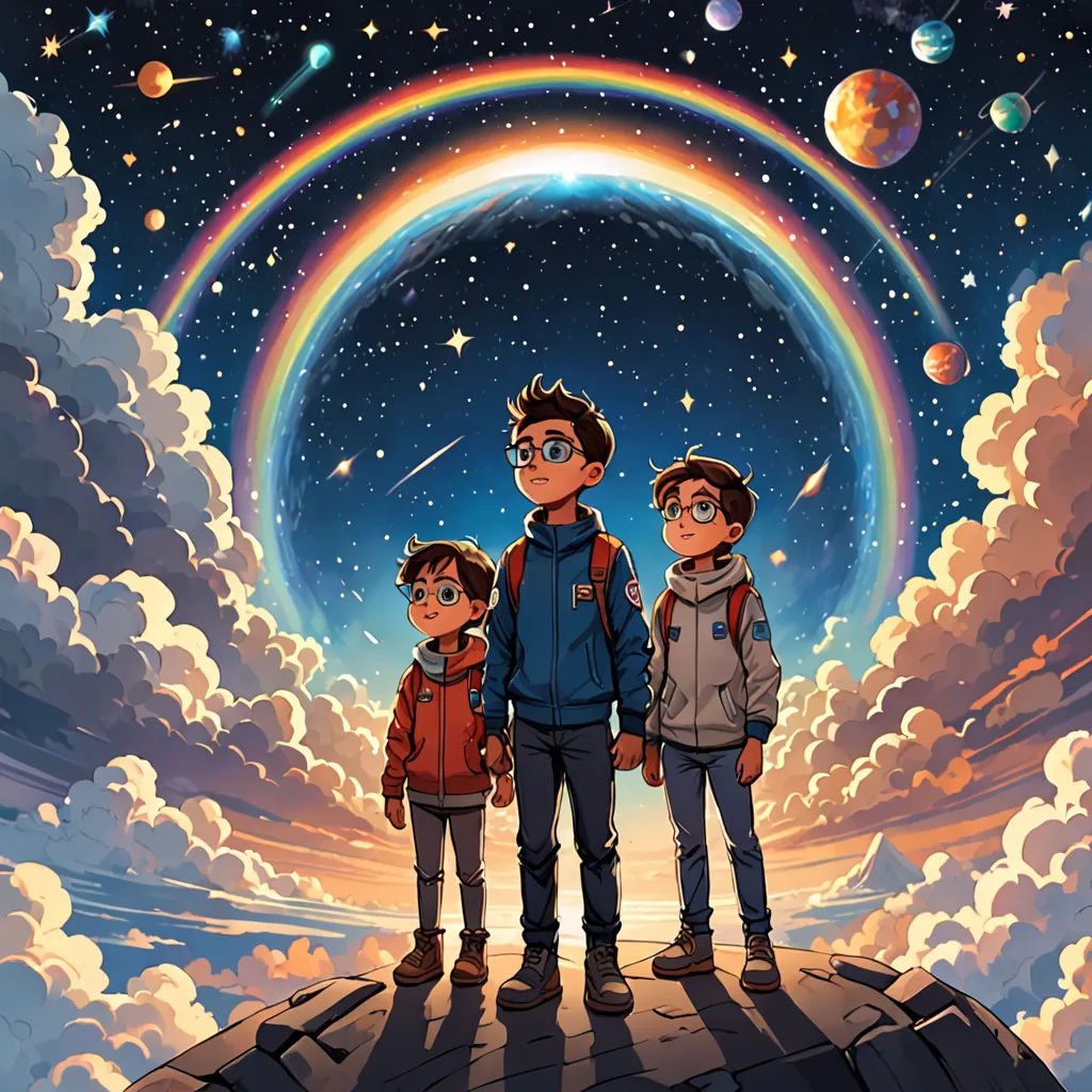 a couple of kids standing on top of a rock under a rainbow filled sky with stars and planets in the sky, space art, poster art, Adam Manyoki, official art