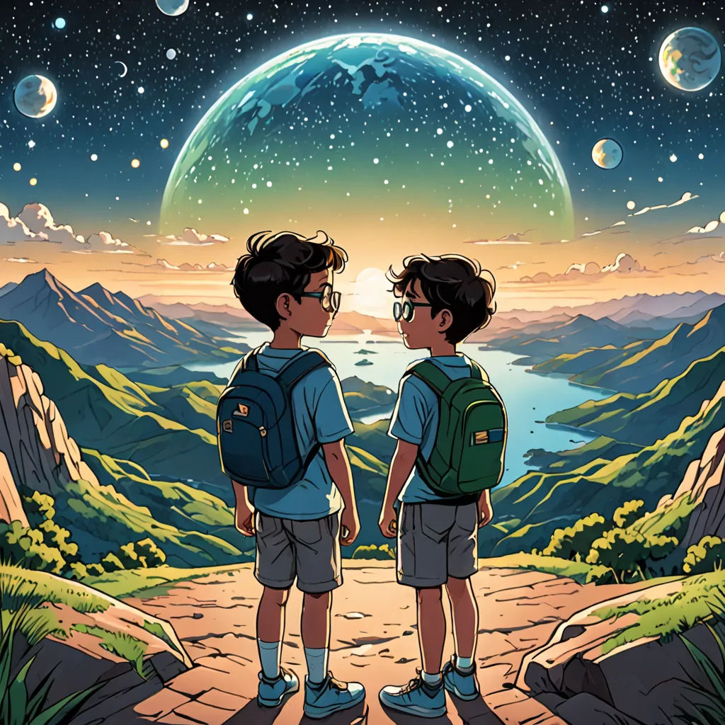 two boys standing on a path looking at the sky and planets above them, with a view of the earth in the distance, serial art, poster art, Asaf Hanuka, josan gonzales and dan mumford