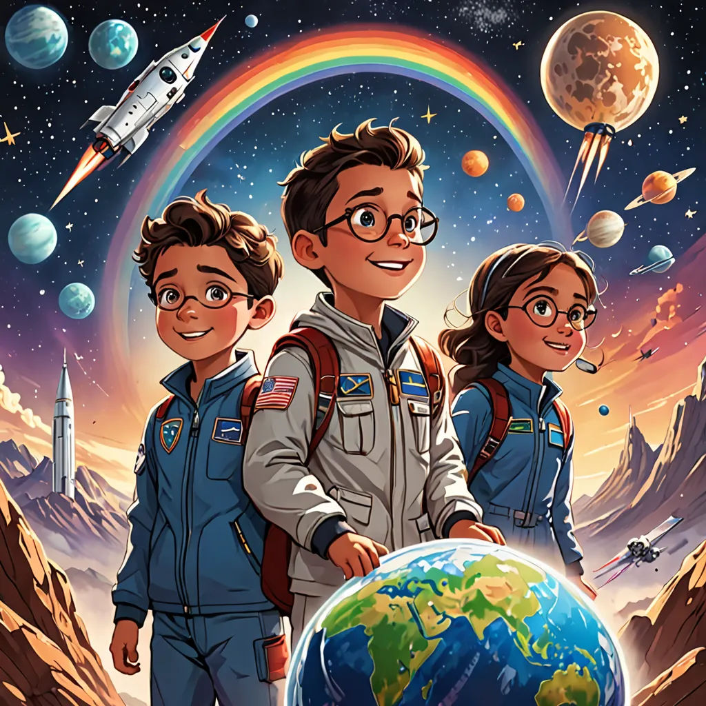 a man and a woman standing next to a globe in front of a rainbow and planets with a rainbow in the background, space art, a storybook illustration, Aaron Jasinski, comic cover art