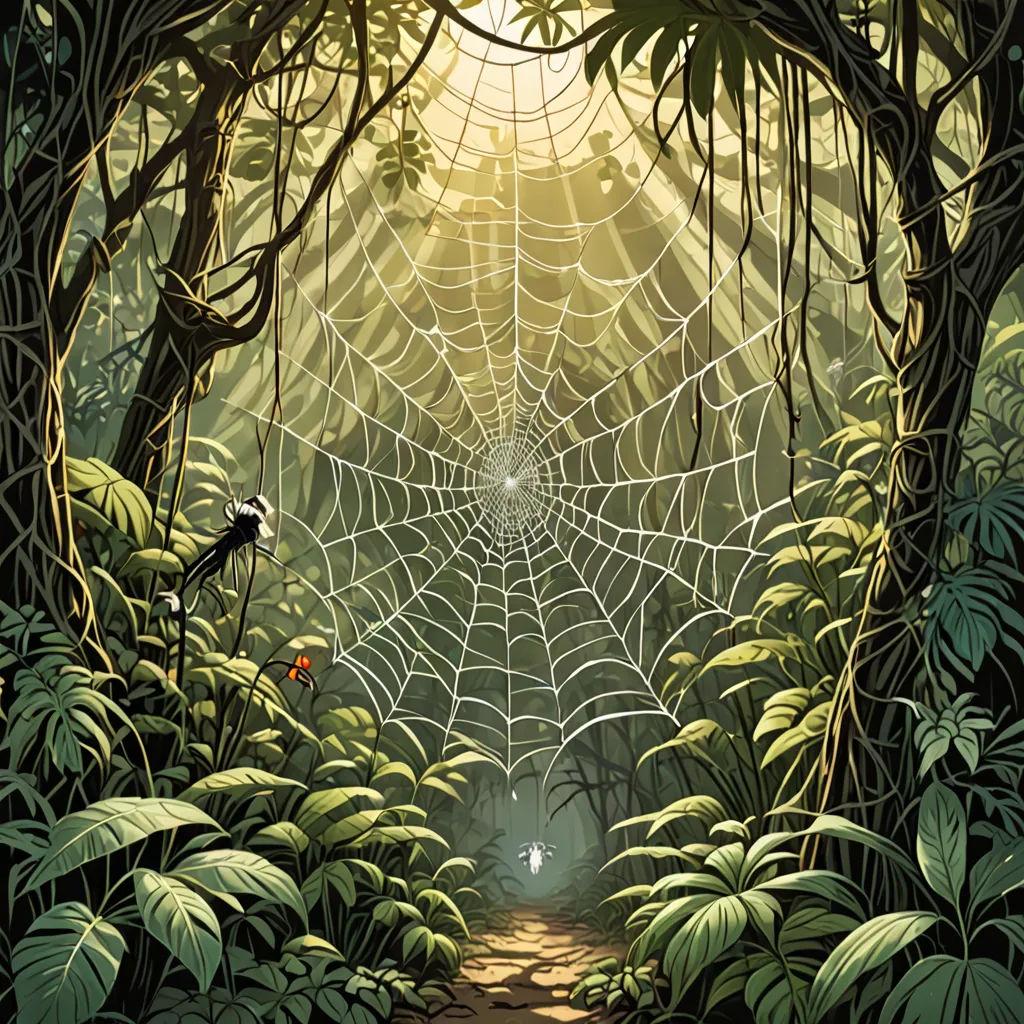 a spider web in a forest with a bird on it's back and a sunbeam in the background, fantasy art, a storybook illustration, Dan Mumford, comic cover art
