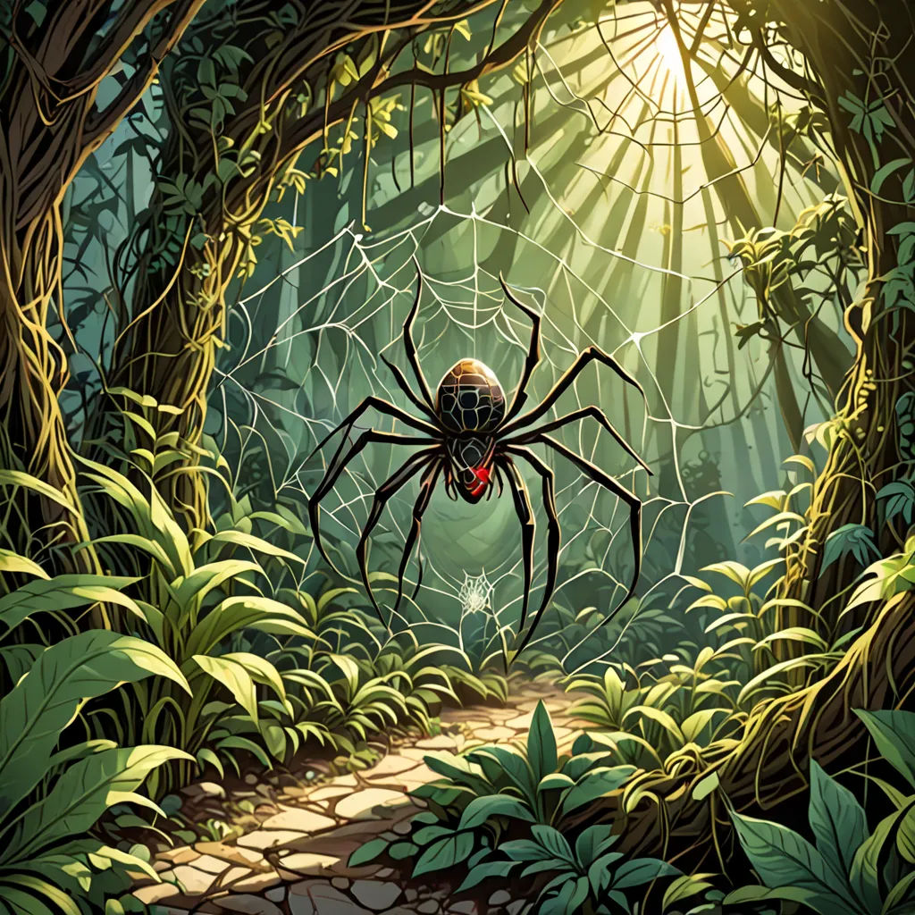 a spider in a forest with sunlight coming through the trees and leaves on the ground, with a path leading to it, fantasy art, a storybook illustration, Dan Mumford, rossdraws global illumination