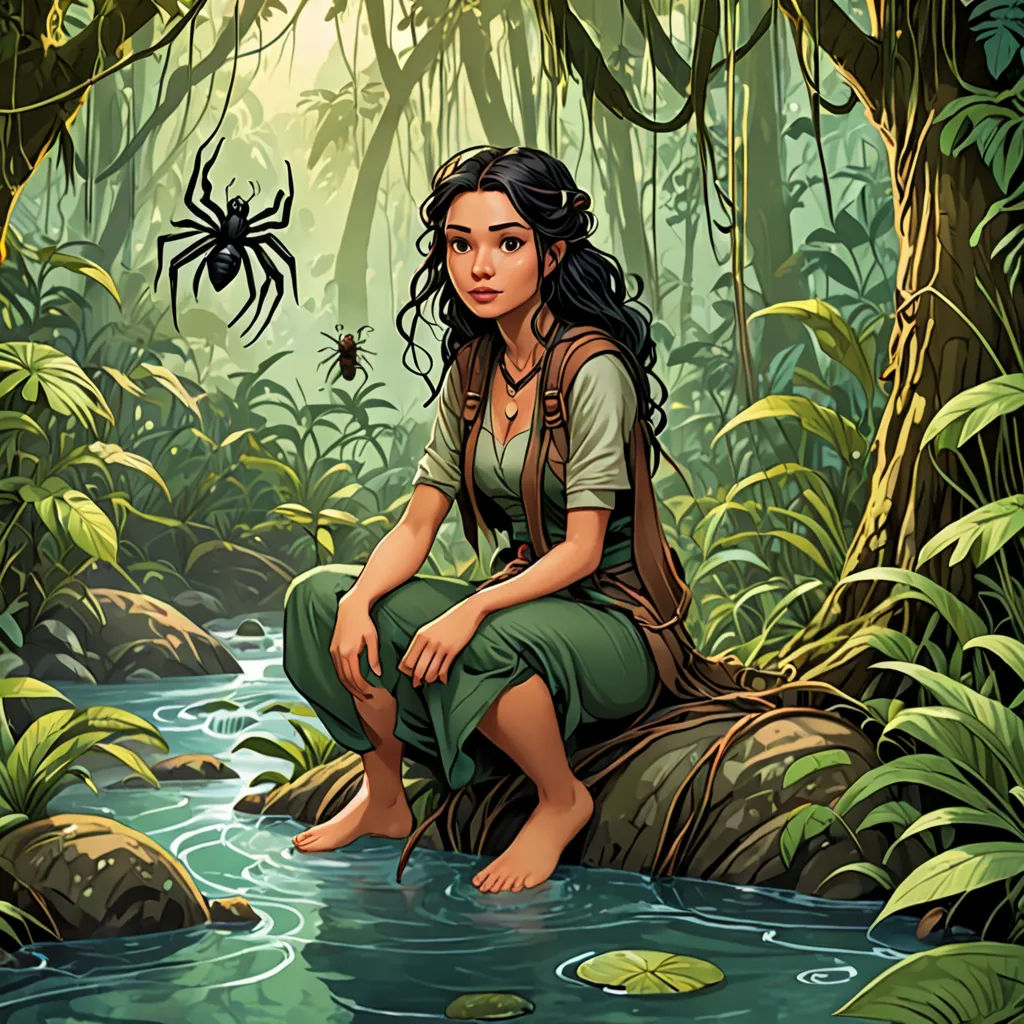 a woman sitting on a rock in a jungle with a spider crawling on her back and a spider crawling on her back, fantasy art, a character portrait, Brom, fantasy illustration