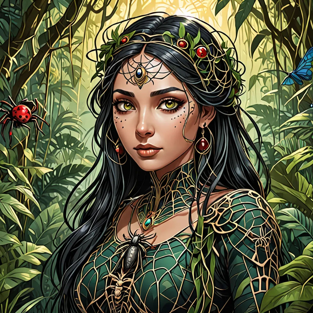 a woman in a green dress in a forest with a lady bug on her shoulder and a lady bug on her shoulder, fantasy art, a detailed drawing, Anna Dittmann, highly detailed digital painting
