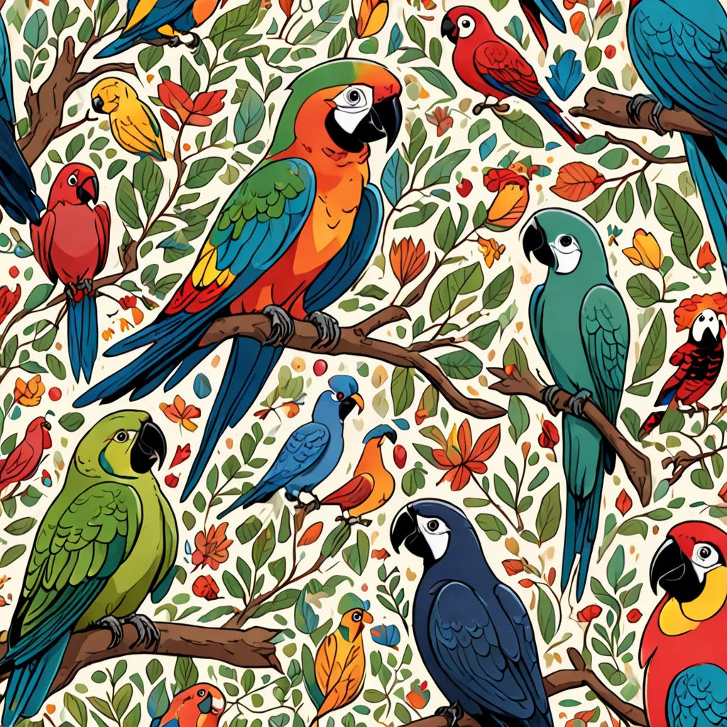 a colorful pattern of parrots sitting on a tree branch with leaves and berries on a white background with leaves and berries, maximalism, a jigsaw puzzle, Chris LaBrooy, birds