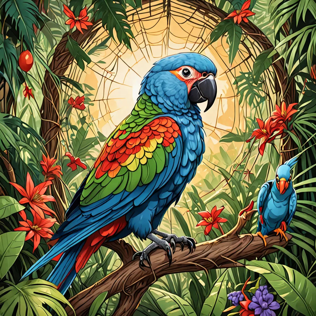 a painting of two birds sitting on a branch in a forest with flowers and leaves around them, with a sun in the background, psychedelic art, a detailed painting, Chris LaBrooy, highly detailed digital painting