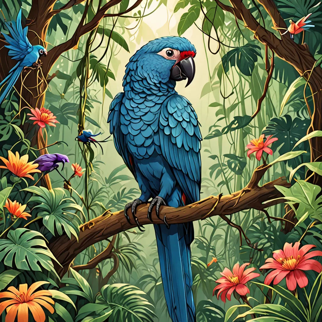 a blue parrot sitting on a branch in a jungle with flowers and plants around it, with a bird on the branch, fantasy art, a storybook illustration, Chris LaBrooy, highly detailed digital painting