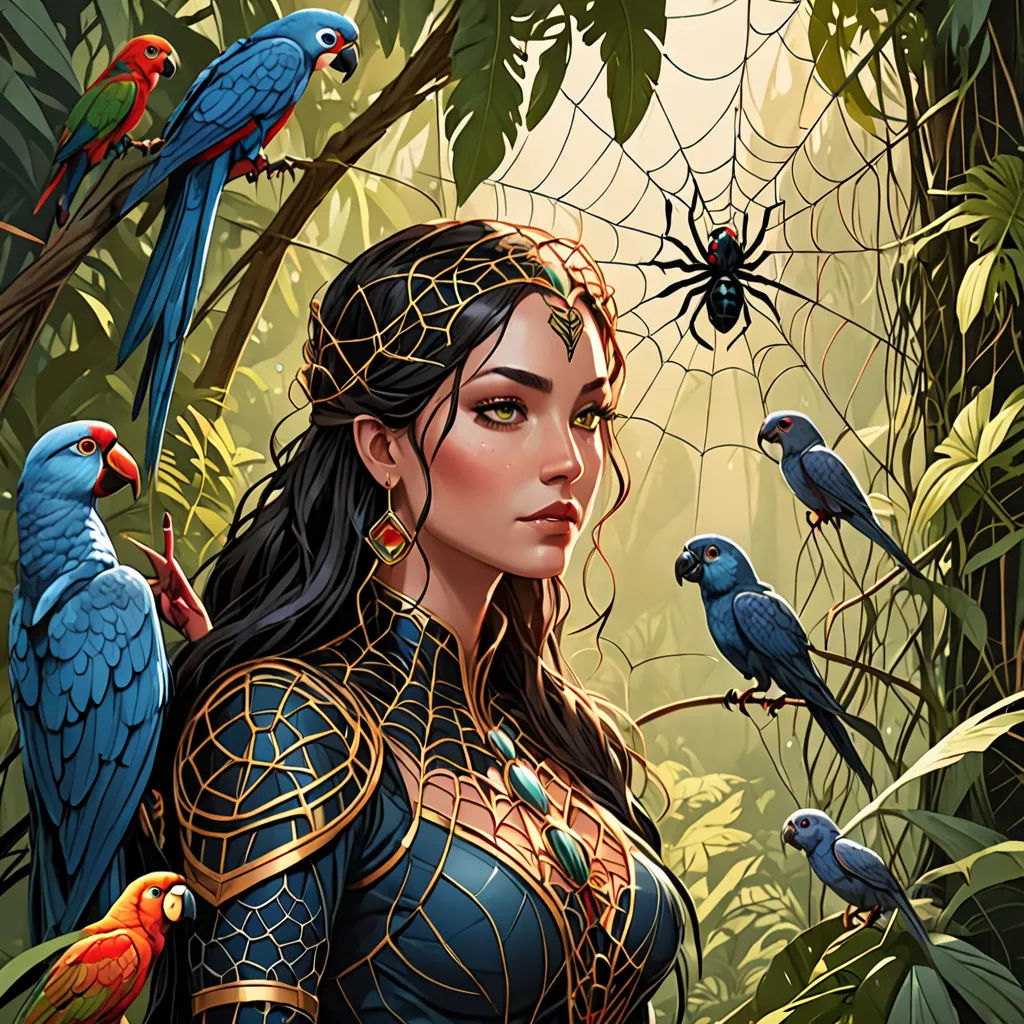 a woman with birds on her shoulder and a spider web in the background with a spider web in the foreground, fantasy art, a detailed painting, Art of Brom, highly detailed digital painting