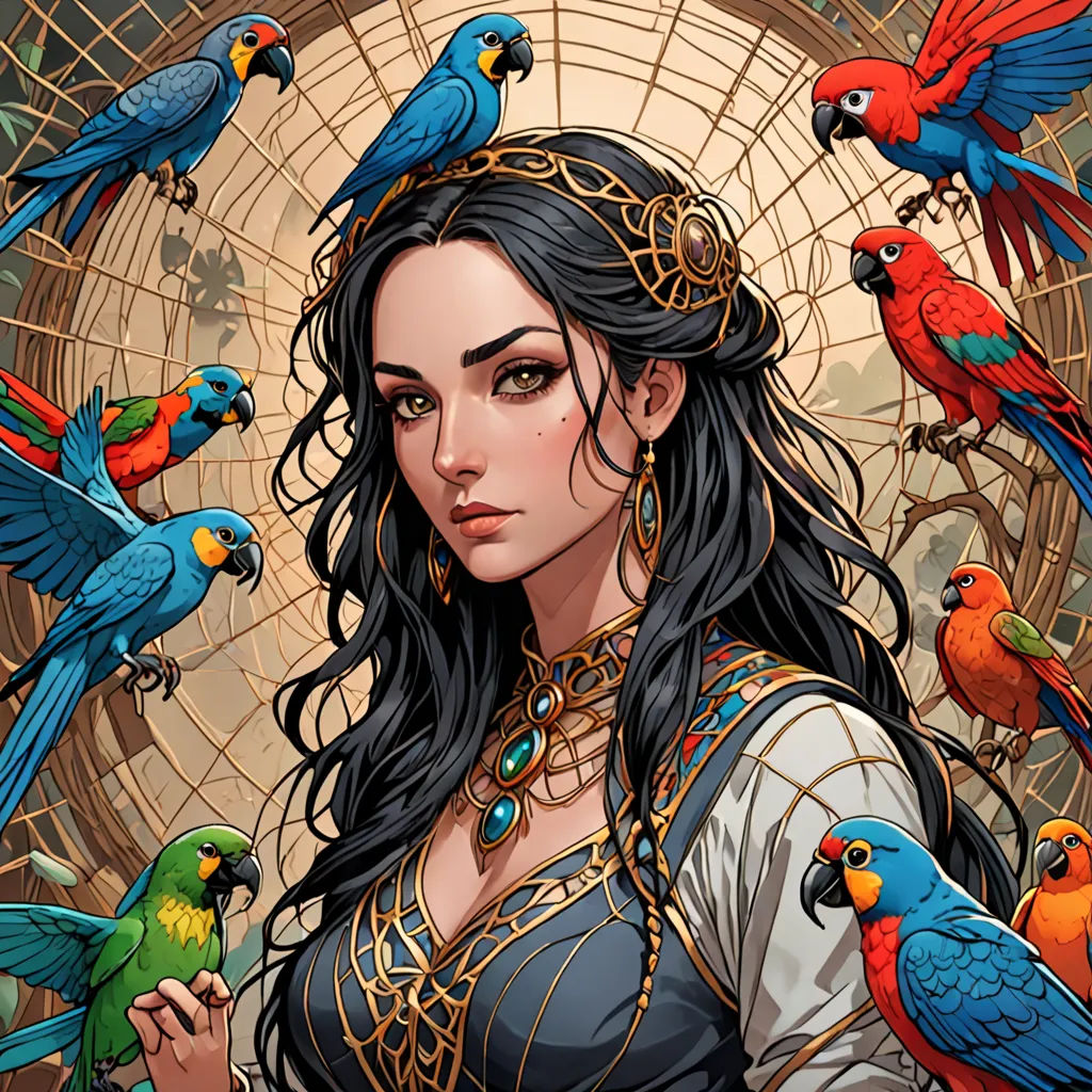 a woman with a bunch of birds around her neck and a circle of birds around her neck, and a circle of birds around her neck, fantasy art, a character portrait, Art of Brom, highly detailed digital art
