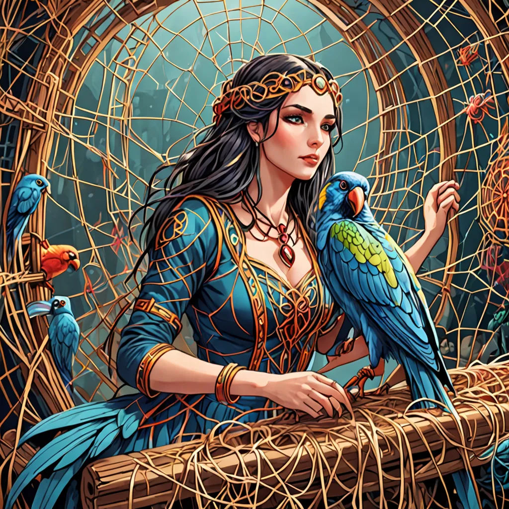 a woman holding two birds in her hand and a bird cage behind her, with a bird in her hand, fantasy art, a storybook illustration, Art of Brom, highly detailed digital painting