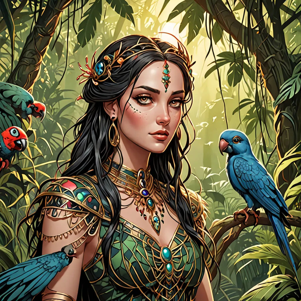 a woman in a jungle with a parrot on her arm and a bird on her shoulder, and a parrot on her shoulder, fantasy art, a detailed painting, Art of Brom, highly detailed digital painting