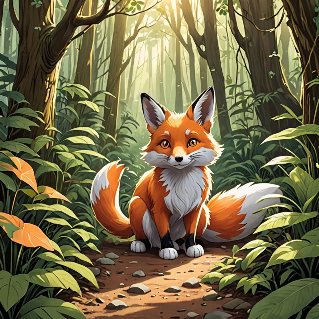 a red fox sitting in the middle of a forest with rocks and plants around it, looking at the camera, furry art, a storybook illustration, Chris LaBrooy, official art