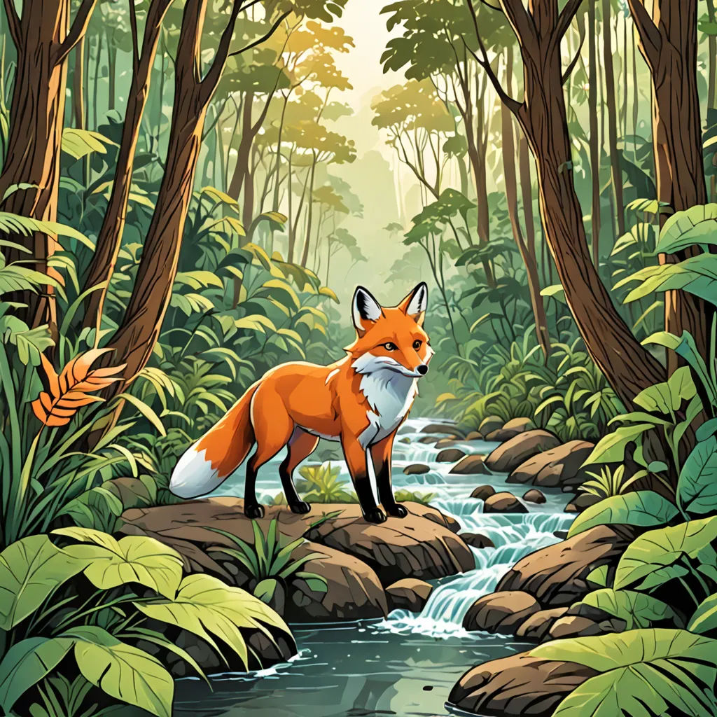 a fox standing on a rock in a forest with a stream running through it and trees around it, with a sun shining through the leaves, environmental art, a storybook illustration, Dan Mumford, storybook illustration