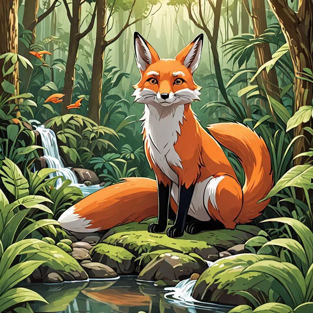 a fox sitting on a rock in a forest with a stream running through it and birds flying around it, furry art, a storybook illustration, Dan Mumford, official art