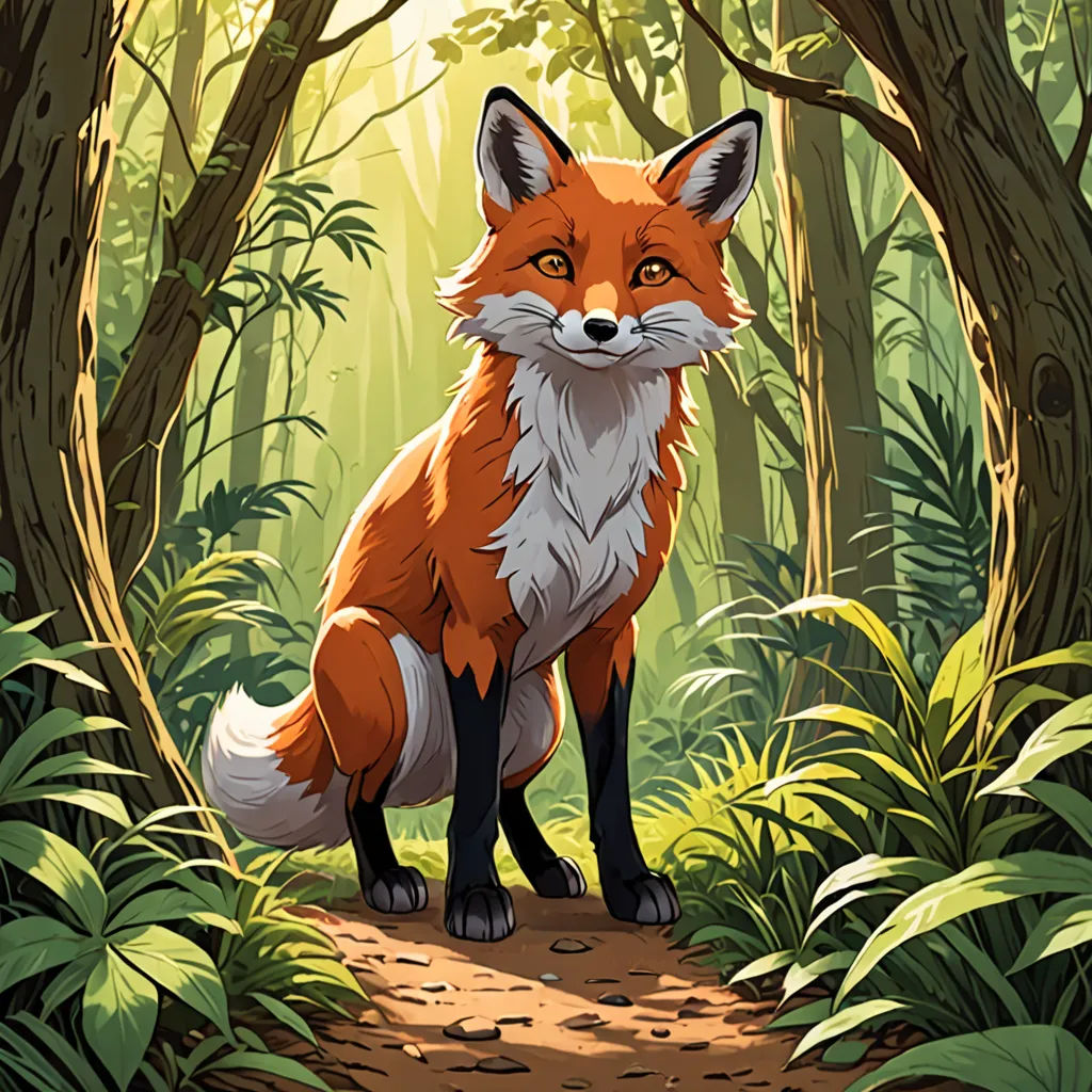 a fox standing in the middle of a forest with trees and plants around it, looking at the camera, furry art, a storybook illustration, Dan Mumford, official art