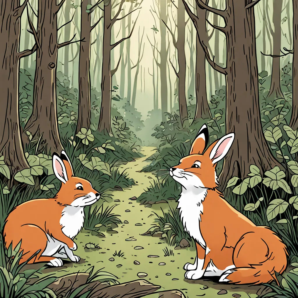 two foxes sitting in the woods looking at each other with a forest background behind them and a path leading to them, furry art, a storybook illustration, Dan Mumford, storybook illustration