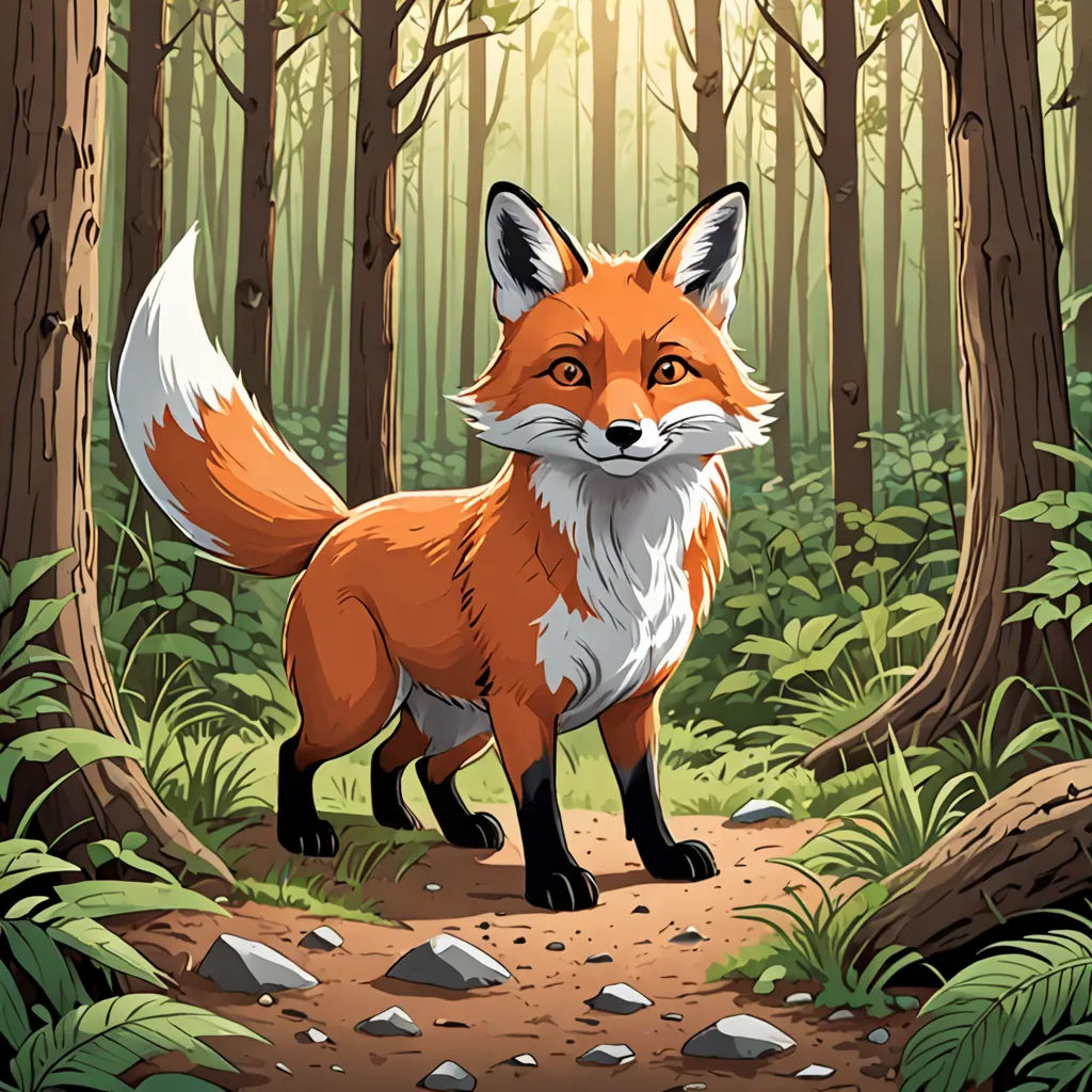 a red fox standing in a forest with rocks and trees around it's edges and a path leading to it, furry art, a storybook illustration, Dan Mumford, official art
