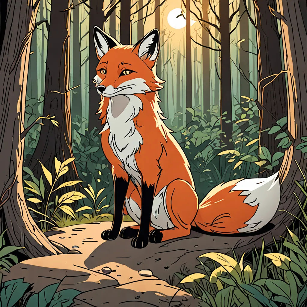 a fox sitting in the middle of a forest at sunset with the sun shining through the trees and leaves, furry art, a storybook illustration, Dan Mumford, official art