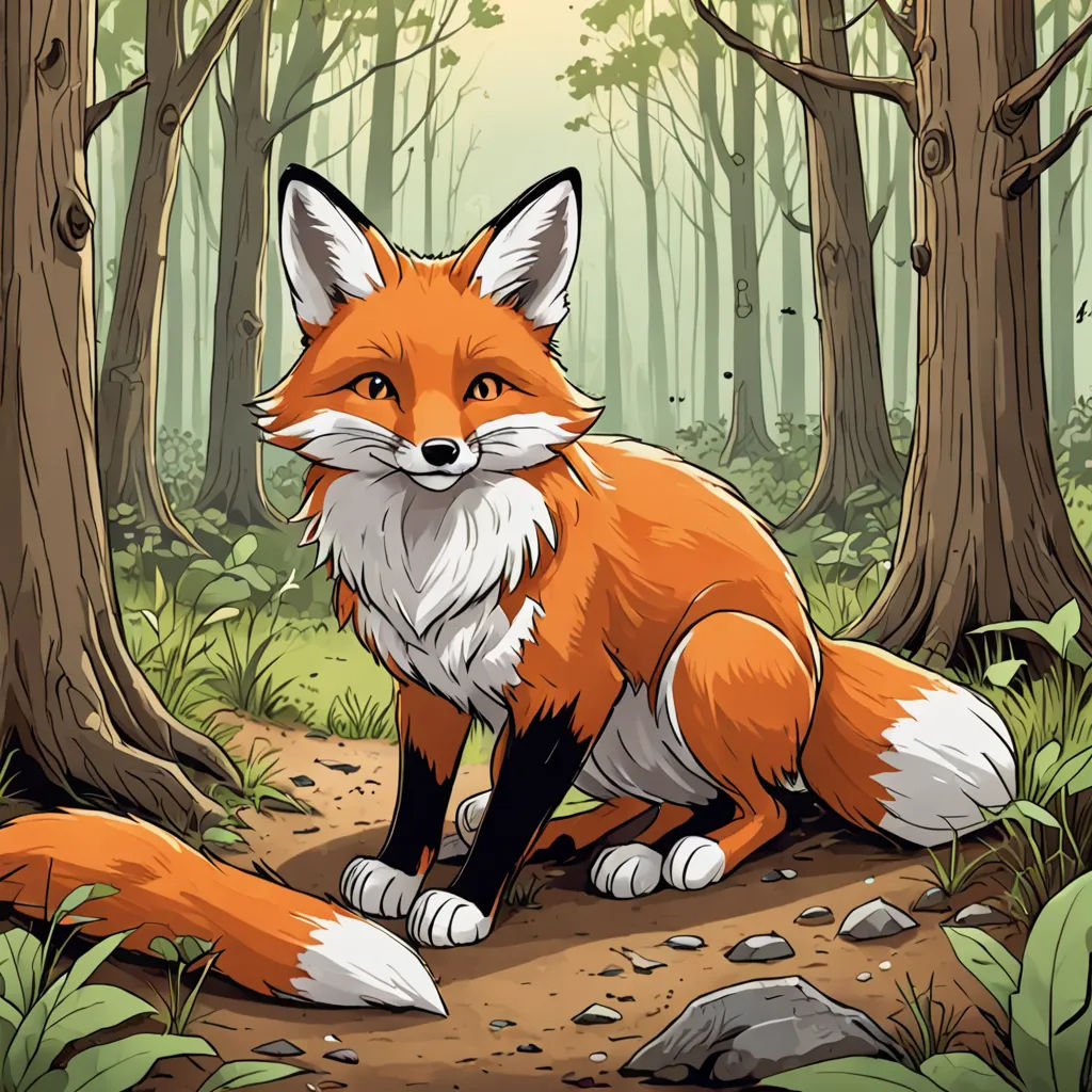 a red fox sitting in the woods near some trees and rocks and rocks and grass and rocks are around the fox, furry art, a storybook illustration, Dan Mumford, storybook illustration