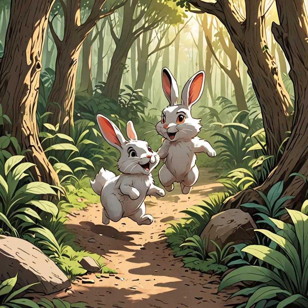 two rabbits running through a forest with trees and rocks in the background, one of them is holding the other's tail, altermodern, a storybook illustration, Brothers Hildebrandt, rossdraws global illumination