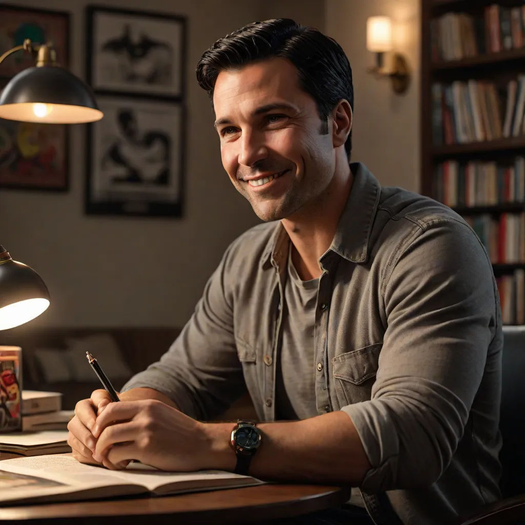 a man sitting at a desk with a pen and paper in his hand and a lamp on the desk, Dan Scott, letterism, a character portrait, promotional image