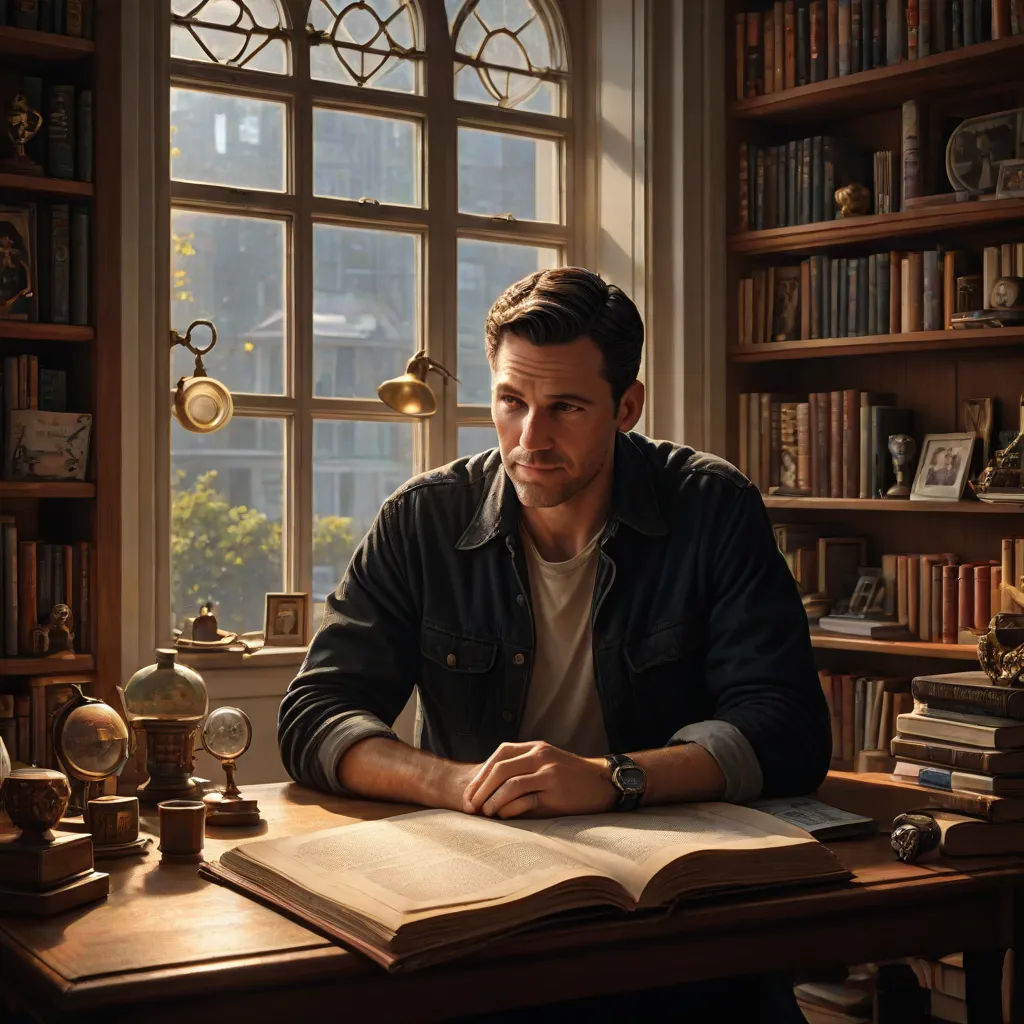 a man sitting at a desk in front of a bookcase with a clock on it and a book, Chris LaBrooy, academic art, a comic book panel, promotional image