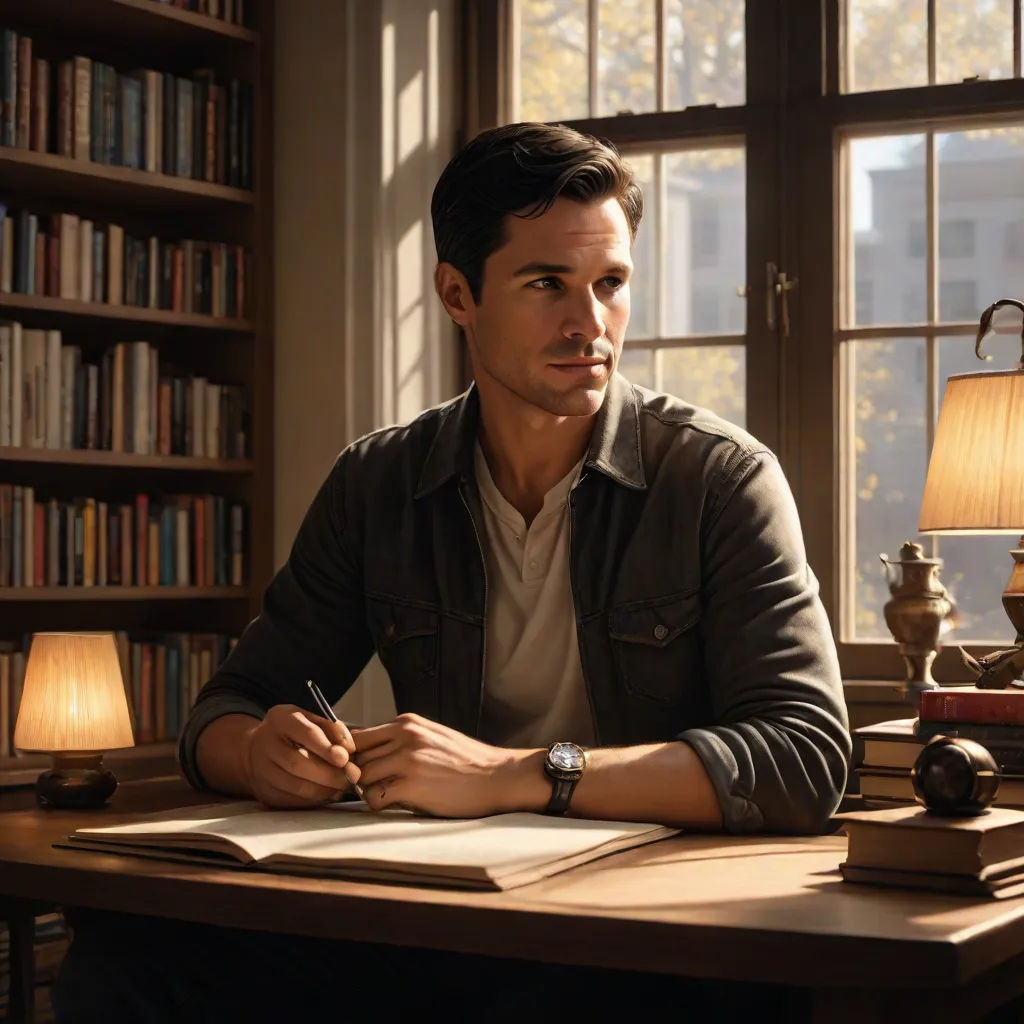 a man sitting at a desk with a book and pen in his hand and a lamp on the desk, Allan Brooks, photorealism, a photorealistic painting, unreal engine highly rendered