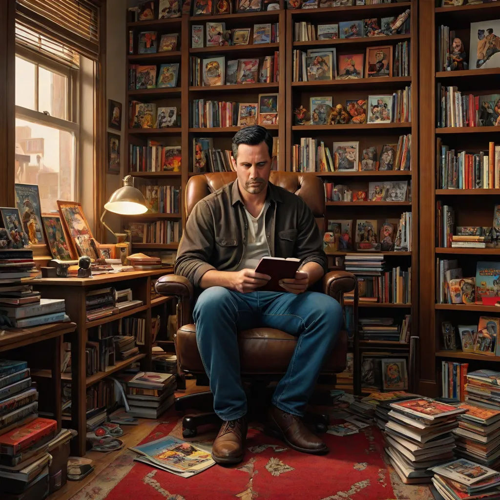 a man sitting in a chair in a library with a book in his lap and a lot of books on the shelves, F. Scott Hess, photorealism, a hyperrealistic painting, western comic book art