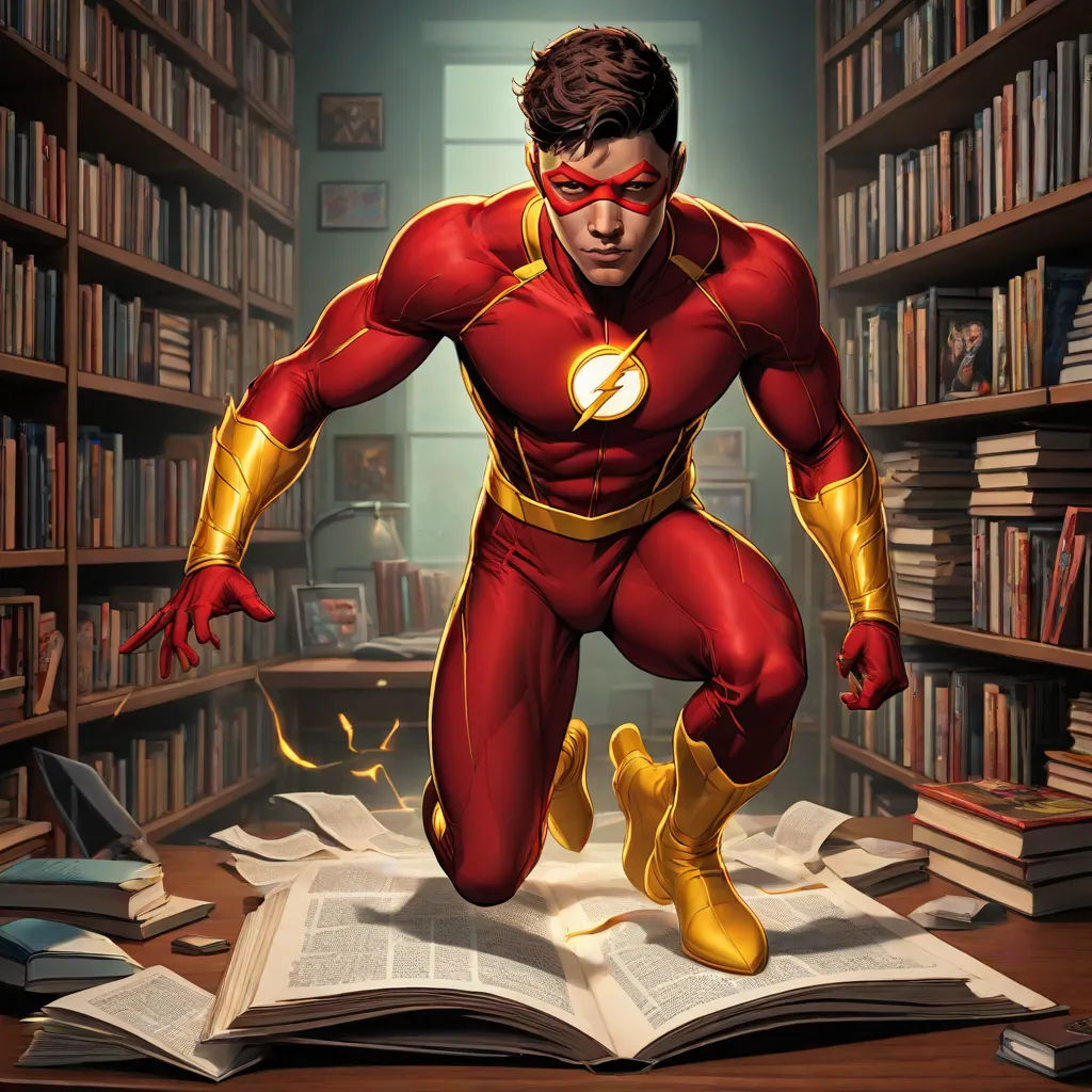 a man in a red suit is running through a library with a book in his hand and a flash on his chest, Artgerm, fantastic realism, a comic book panel, rossdraws global illumination