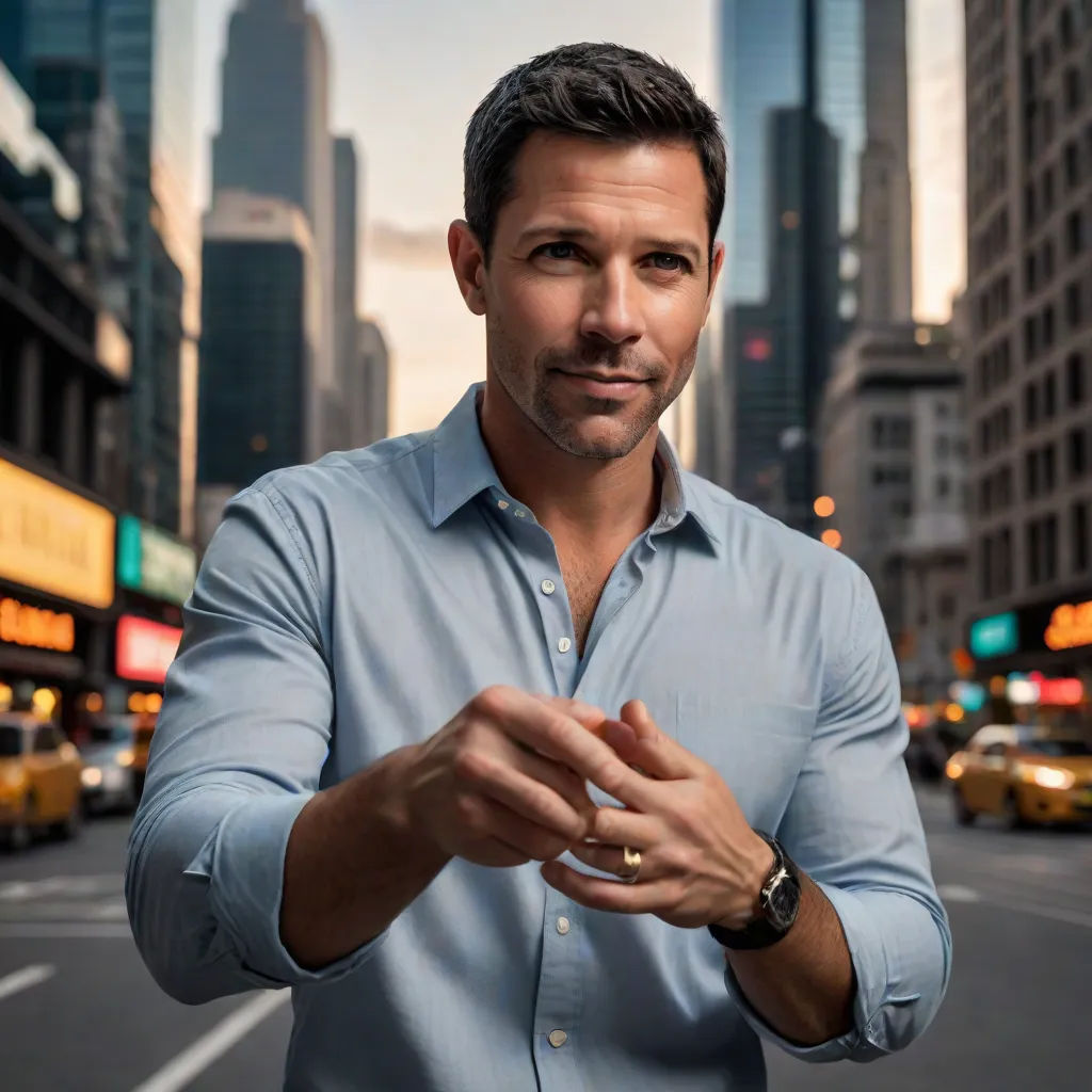 a man in a blue shirt is standing in the middle of a street with a cityscape in the background, Dan Scott, new objectivity, a stock photo, j. c. leyendecker 8 k