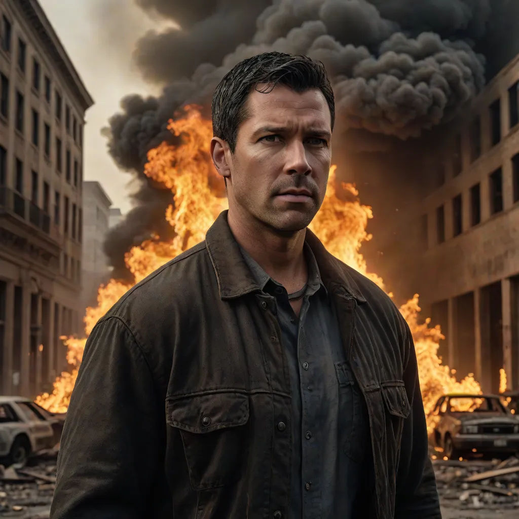 a man standing in front of a fire in a city with buildings on fire in the background and a black smoke cloud, Bryan Organ, serial art, a character portrait, promotional image