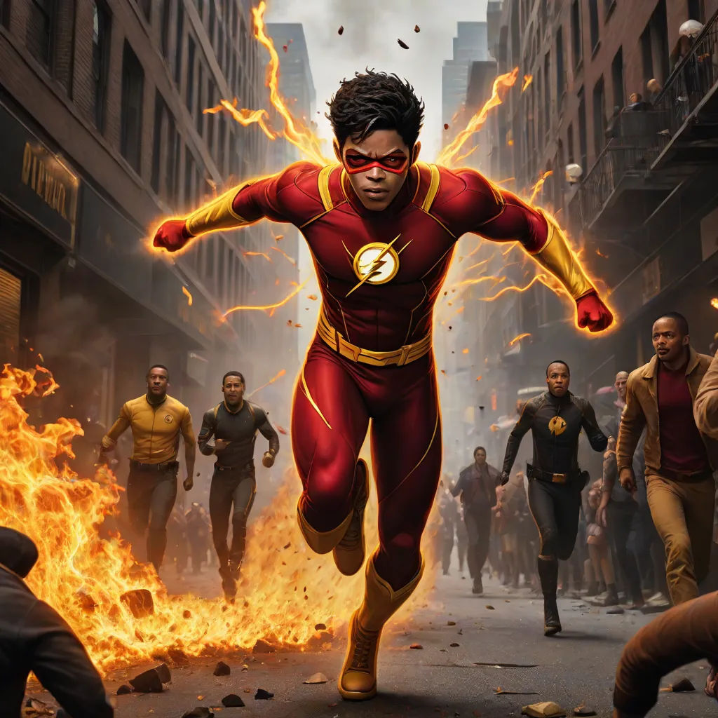 a man in a red suit running through a street with a bunch of people behind him and a fire in the air, Everett Warner, afrofuturism, a comic book panel, official art