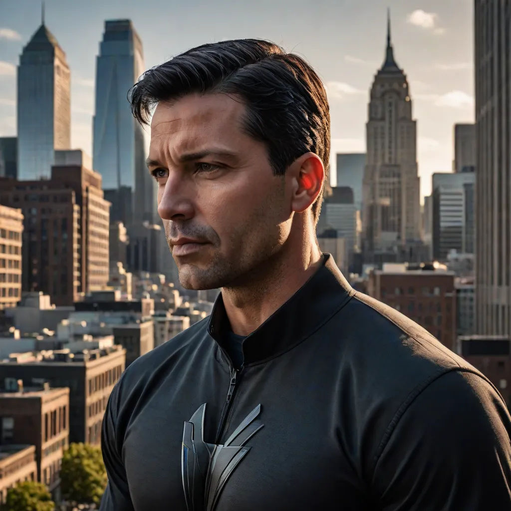 a man in a black suit standing in front of a city skyline with skyscrapers in the background and a red earpiece, Eddie Mendoza, futurism, a character portrait, promotional image