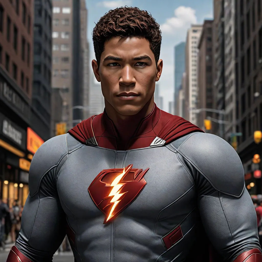 a man in a superman suit standing in the street with a city background and a flash symbol on his chest, Everett Warner, afrofuturism, a character portrait, promotional image