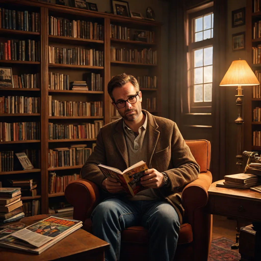 a man sitting in a chair reading a book in a library with a lamp on the side of the room, Chris LaBrooy, academic art, a storybook illustration, comic book