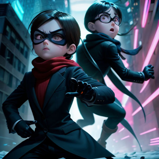 a couple of kids in black suits and red scarfs in a city street with neon lights and a neon background
