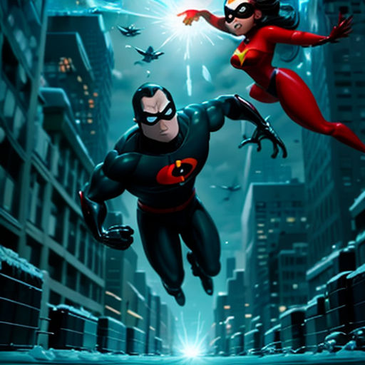 a cartoon of a man and a woman flying through the air in a city at night with a lightening