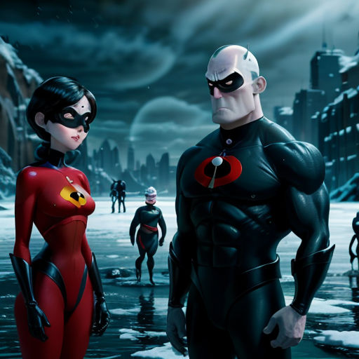 a man and woman in costumes standing in the snow with a city in the background and a sky full of clouds