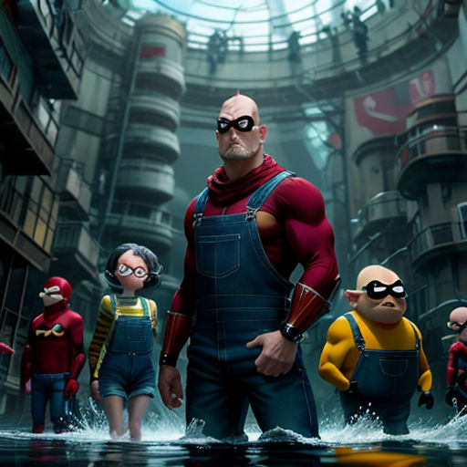 a group of cartoon characters standing in a city with buildings in the background and a man in a red shirt