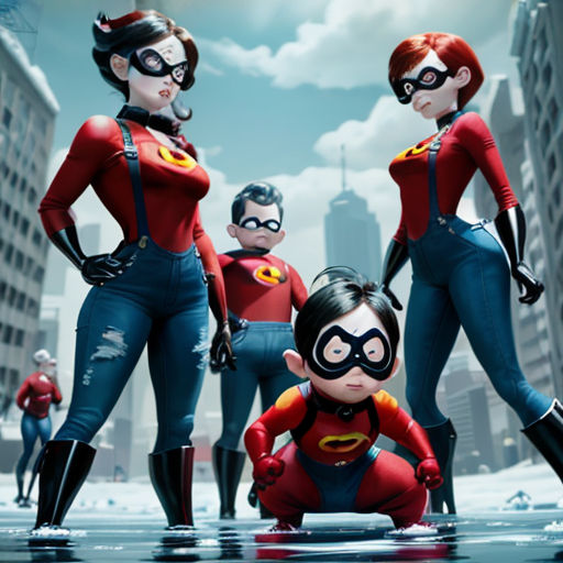 a group of women in red and black outfits standing in front of a cityscape with a man in the middle