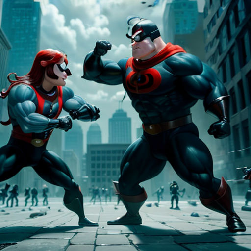 two superheros are fighting in a city street with a sky background and a cityscape in the background