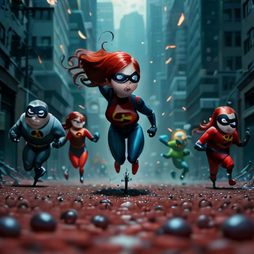 a group of cartoon characters running through a city street with buildings in the background and a red haired woman in the middle