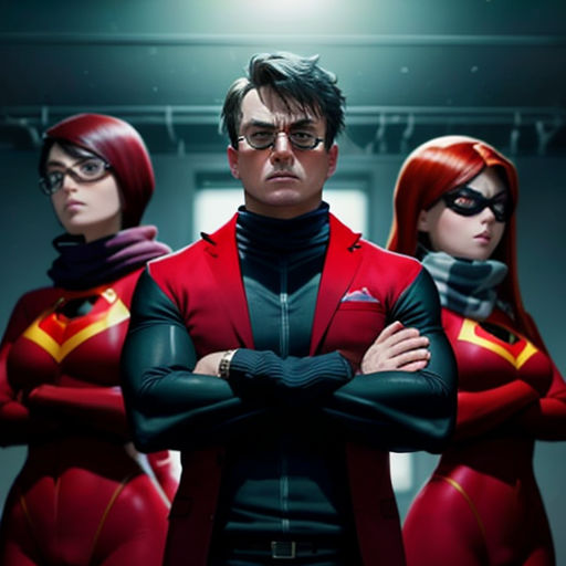 a man and two women in red outfits standing in front of a light with their arms crossed and their heads crossed