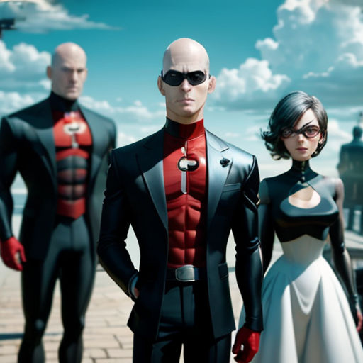 a group of people in costumes standing next to each other on a brick walkway with a sky background and clouds